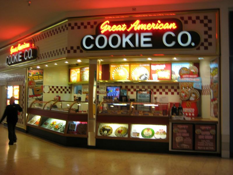 Watching the cookie-making machine at Mrs. Fields