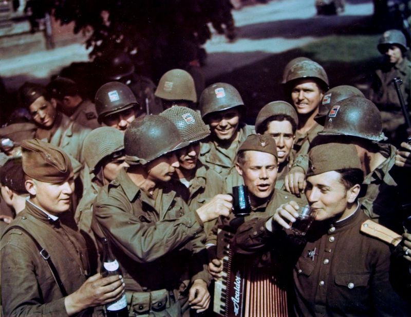 Soviet Soldiers Celebrating Return (1945)